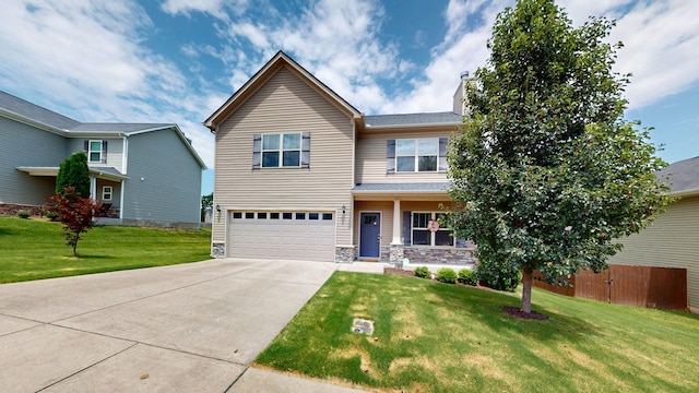 1095 Lady Nashville Dr, Hermitage, TN 37076 - view of front facade with concrete driveway, a garage, a front lawn, stone siding, and a chimney