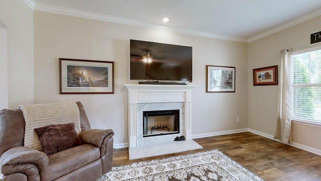 1095 Lady Nashville Dr, Hermitage, TN 37076 - living area featuring dark wood-type flooring, crown molding, healthy amount of natural light, a premium fireplace, and recessed lighting
