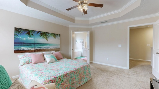 1095 Lady Nashville Dr, Hermitage, TN 37076 - bedroom featuring a tray ceiling, carpet floors, crown molding, ceiling fan, and ensuite bathroom