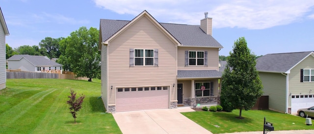 1095 Lady Nashville Dr, Hermitage, TN 37076 - traditional-style house with a chimney, an attached garage, driveway, stone siding, and roof with shingles