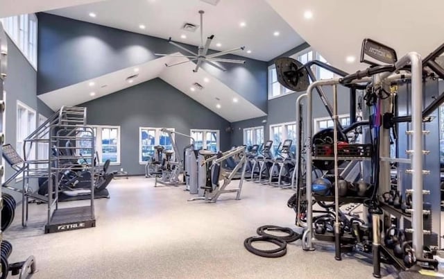 291 Croft Way, Mount Juliet, TN 37122 - exercise room featuring high vaulted ceiling, healthy amount of natural light, recessed lighting, and ceiling fan