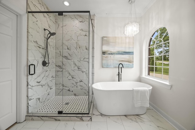 321 Lakeway Ter, Spring Hill, TN 37174 - full bath with marble finish flooring, a soaking tub, a marble finish shower, healthy amount of natural light, and crown molding