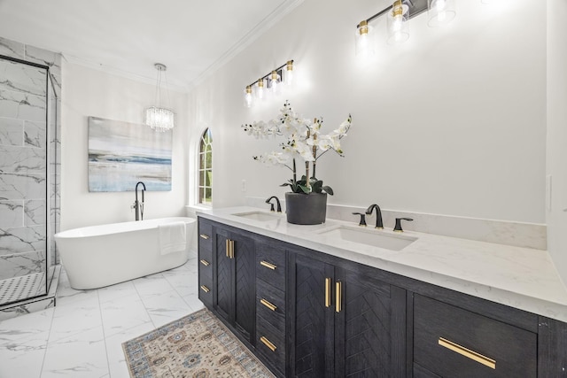 321 Lakeway Ter, Spring Hill, TN 37174 - bathroom with marble look tiles, a soaking tub, double vanity, crown molding, and a chandelier