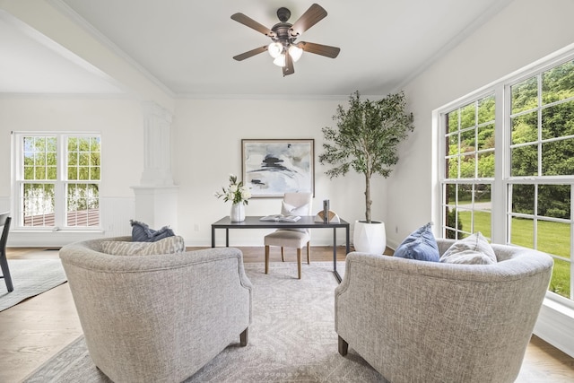 321 Lakeway Ter, Spring Hill, TN 37174 - living room featuring an office area, ornate columns, a ceiling fan, and ornamental molding