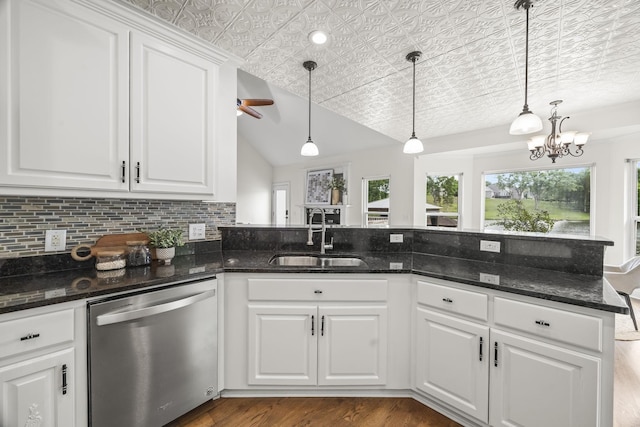 321 Lakeway Ter, Spring Hill, TN 37174 - kitchen with dishwasher, an ornate ceiling, backsplash, a ceiling fan, and pendant lighting