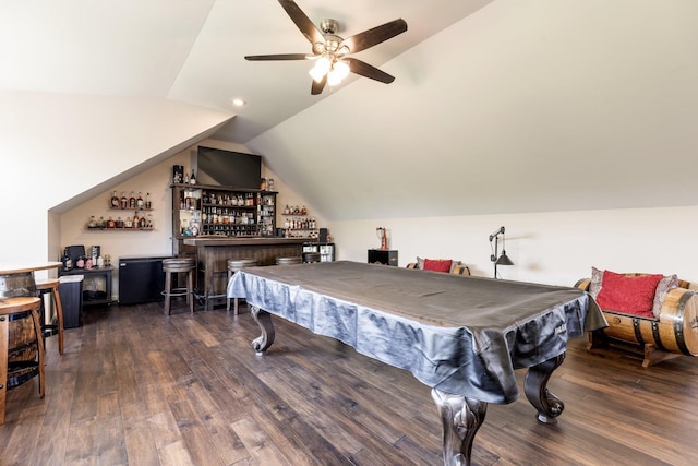 1057 The Long Run, Columbia, TN 38401 - recreation room with a bar, lofted ceiling, wood finished floors, billiards, and ceiling fan