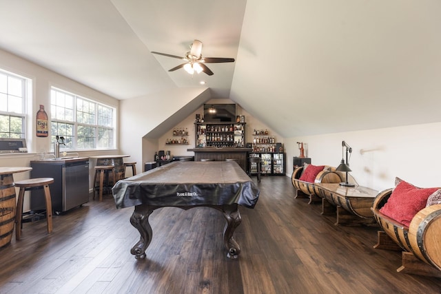 1057 The Long Run, Columbia, TN 38401 - recreation room featuring a dry bar, dark wood finished floors, billiards, vaulted ceiling, and a ceiling fan