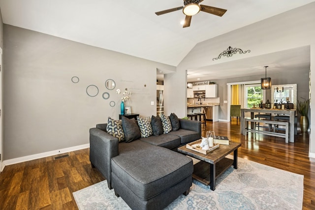 103 N Main St, Springfield, TN 37172 - living room featuring a ceiling fan, vaulted ceiling, and wood finished floors