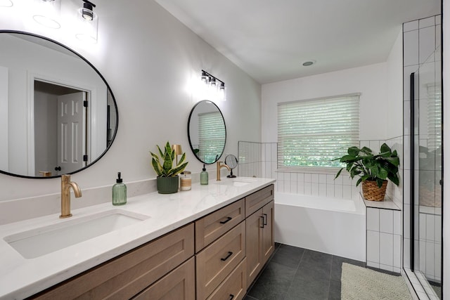 1448 Brighton Cir, Old Hickory, TN 37138 - bathroom with double vanity, a bath, tile patterned floors, and a shower with shower door