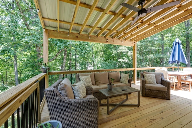 1448 Brighton Cir, Old Hickory, TN 37138 - wooden deck featuring outdoor lounge area, ceiling fan, and view of scattered trees