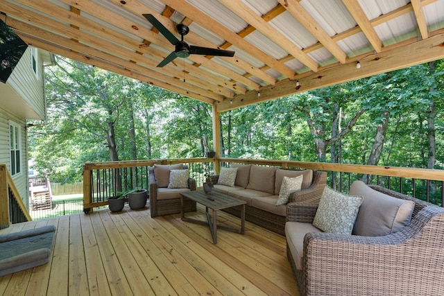 1448 Brighton Cir, Old Hickory, TN 37138 - wooden terrace with outdoor lounge area, a ceiling fan, and view of wooded area