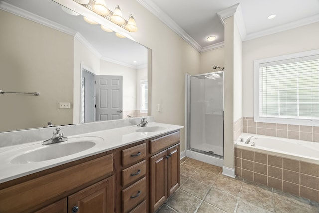 2357 Saint Andrews Dr, Murfreesboro, TN 37128 - full bath with a stall shower, double vanity, a garden tub, crown molding, and tile patterned flooring