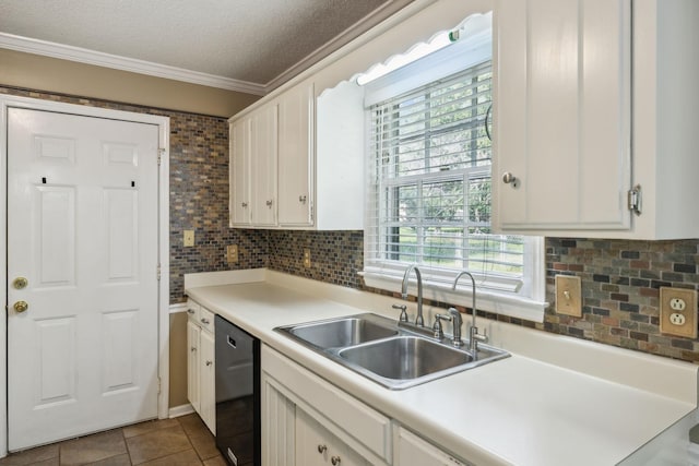 3171 Asbury Ln, Murfreesboro, TN 37129 - kitchen with dishwashing machine, ornamental molding, white cabinetry, decorative backsplash, and dark tile patterned floors