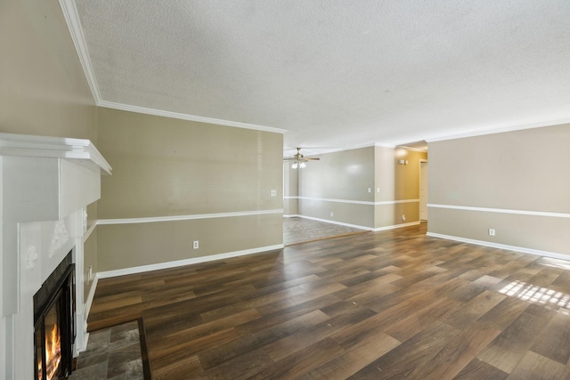 3171 Asbury Ln, Murfreesboro, TN 37129 - unfurnished living room with a textured ceiling, a lit fireplace, crown molding, a ceiling fan, and wood finished floors