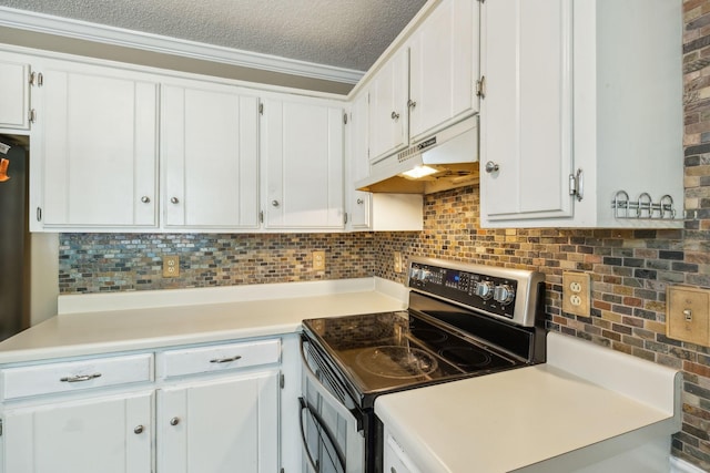 3171 Asbury Ln, Murfreesboro, TN 37129 - kitchen featuring stainless steel electric range, under cabinet range hood, decorative backsplash, a textured ceiling, and white cabinetry