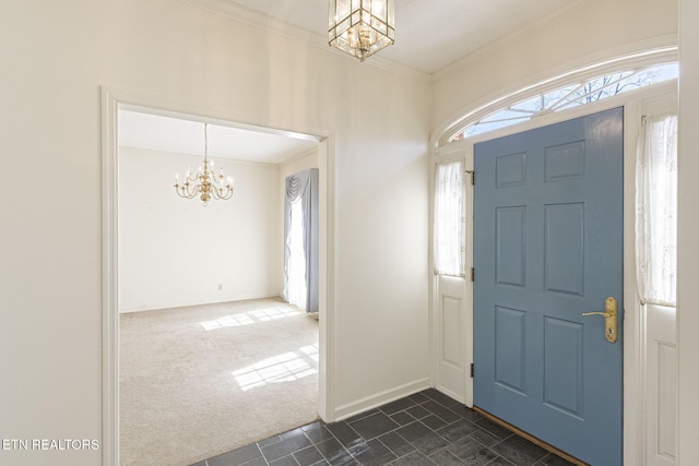182 Whippoorwill Dr, Oak Ridge, TN 37830 - entryway with a chandelier, dark colored carpet, and ornamental molding
