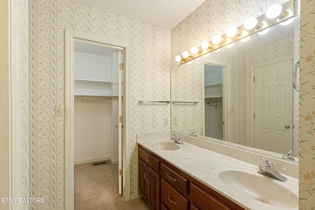 182 Whippoorwill Dr, Oak Ridge, TN 37830 - bathroom featuring wallpapered walls, double vanity, and a spacious closet