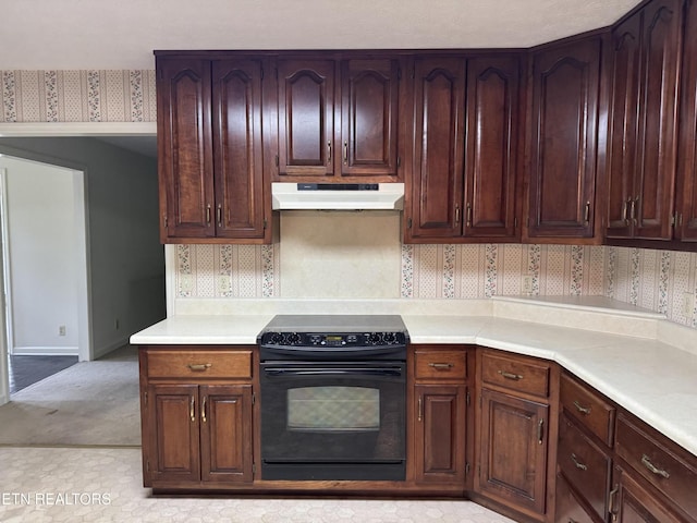 182 Whippoorwill Dr, Oak Ridge, TN 37830 - kitchen with black range with electric stovetop, under cabinet range hood, and light countertops