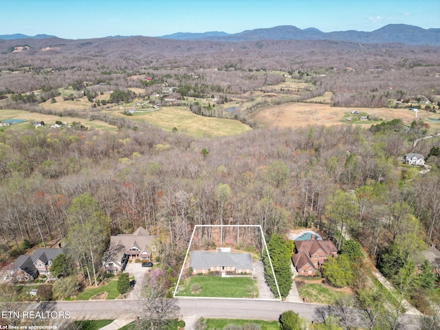 182 Whippoorwill Dr, Oak Ridge, TN 37830 - aerial overview of property's location with property parcel outlined and a mountain backdrop