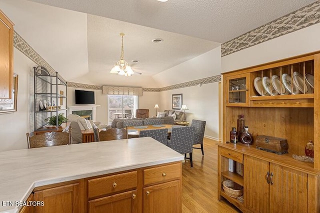 205 Ogle Dr Unit 554, Pigeon Forge, TN 37863 - kitchen with light wood-style flooring, open floor plan, open shelves, light countertops, and vaulted ceiling