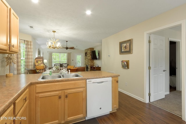 2032 Slippery Rock Cir, Sevierville, TN 37862 - kitchen with white dishwasher, dark wood-style flooring, a peninsula, a chandelier, and open floor plan