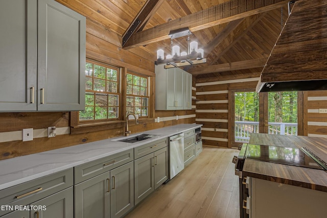 1226 Buzzard Roost Rd, Spring City, TN 37381 - kitchen featuring stainless steel dishwasher, gray cabinets, wood walls, wood ceiling, and electric range