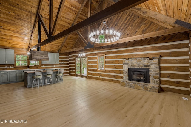 1226 Buzzard Roost Rd, Spring City, TN 37381 - unfurnished living room with a wooden ceiling with exposed beams, wooden walls, plenty of natural light, a stone fireplace, and light wood-type flooring