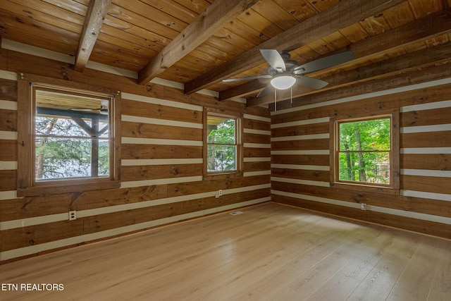 1226 Buzzard Roost Rd, Spring City, TN 37381 - empty room featuring plenty of natural light, a wooden ceiling with exposed beams, wood walls, light wood-style flooring, and ceiling fan