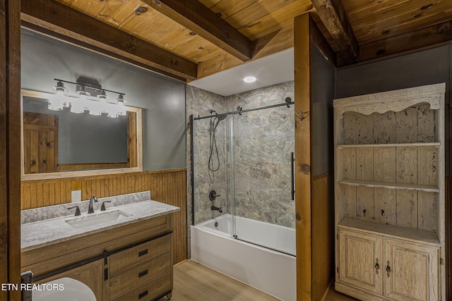 1226 Buzzard Roost Rd, Spring City, TN 37381 - bathroom featuring a wood ceiling with exposed beams, vanity, tub / shower combination, wood finished floors, and a wainscoted wall