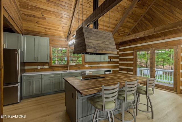 1226 Buzzard Roost Rd, Spring City, TN 37381 - kitchen featuring a wood ceiling with exposed beams, freestanding refrigerator, wood counters, light wood-style flooring, and wood walls