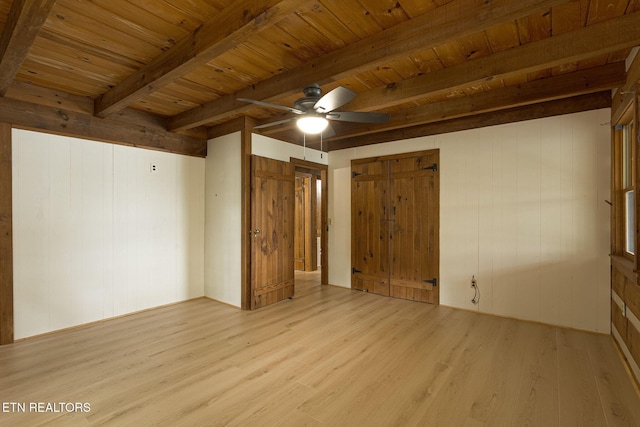 1226 Buzzard Roost Rd, Spring City, TN 37381 - unfurnished bedroom with a wood ceiling with exposed beams, wood finished floors, wooden walls, and ceiling fan
