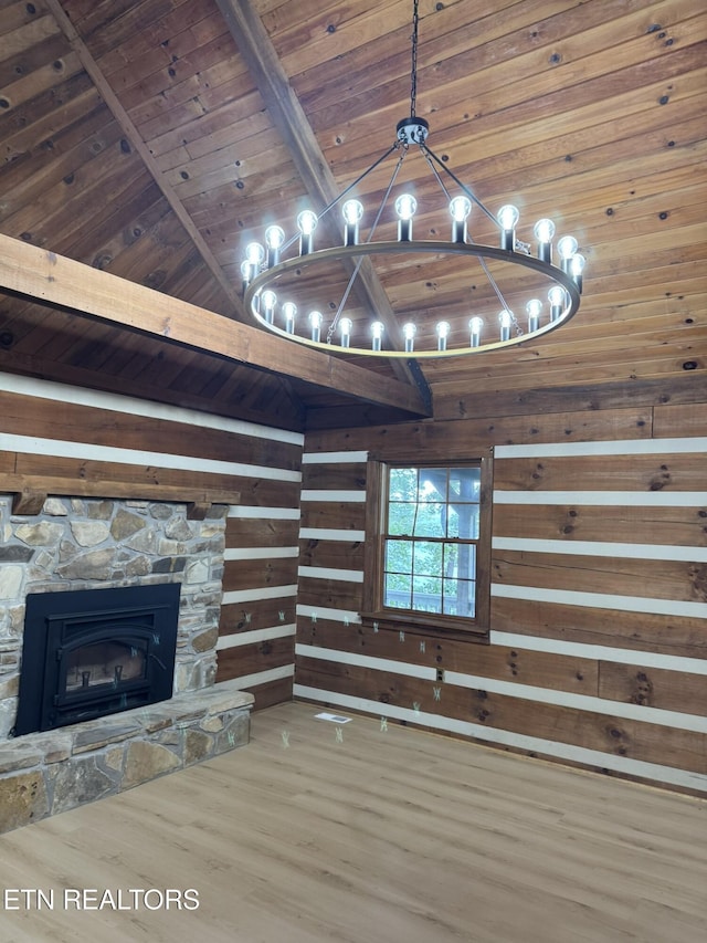 1226 Buzzard Roost Rd, Spring City, TN 37381 - unfurnished living room featuring wood ceiling, a chandelier, wooden walls, wood finished floors, and a fireplace