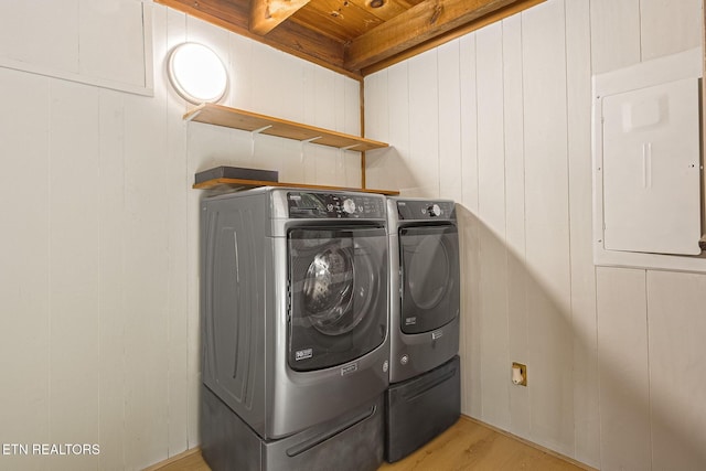 1226 Buzzard Roost Rd, Spring City, TN 37381 - laundry area with washer and clothes dryer, wood ceiling, light wood-style floors, and electric panel