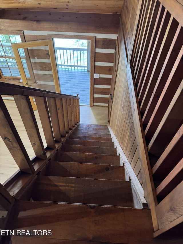 1226 Buzzard Roost Rd, Spring City, TN 37381 - stairs with wood walls, healthy amount of natural light, and hardwood / wood-style flooring