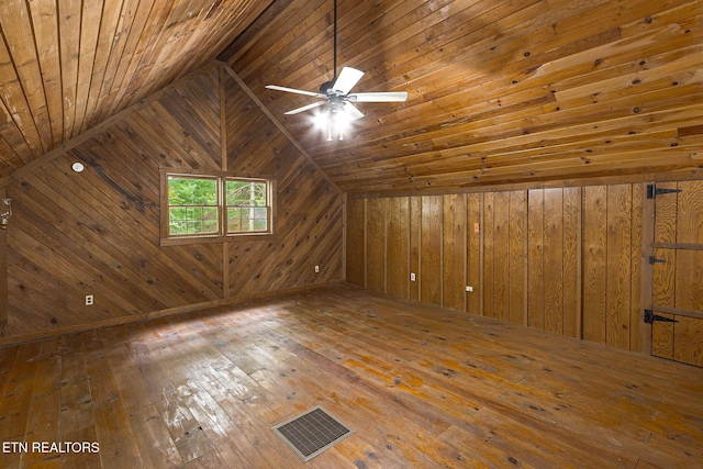 1226 Buzzard Roost Rd, Spring City, TN 37381 - additional living space featuring wooden walls, hardwood / wood-style floors, lofted ceiling, and a ceiling fan