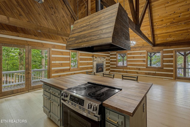 1226 Buzzard Roost Rd, Spring City, TN 37381 - kitchen featuring butcher block counters, stainless steel range with electric cooktop, healthy amount of natural light, wood walls, and a wooden ceiling with exposed beams