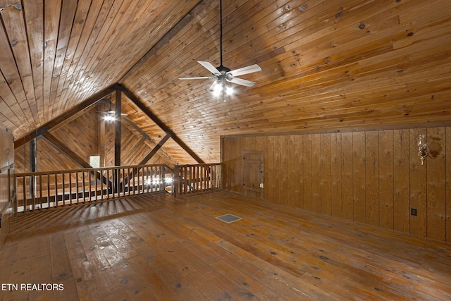 1226 Buzzard Roost Rd, Spring City, TN 37381 - bonus room featuring ceiling fan, wood-type flooring, wood walls, vaulted ceiling, and wood ceiling