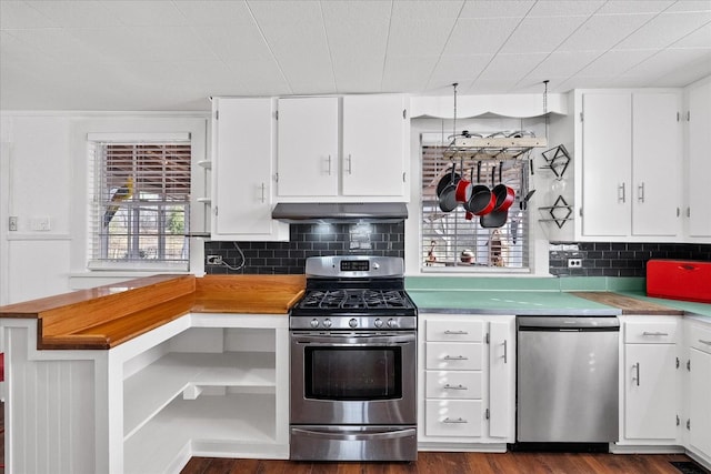 1302 Hampshire Pike, Columbia, TN 38401 - kitchen featuring stainless steel appliances, open shelves, under cabinet range hood, and white cabinetry