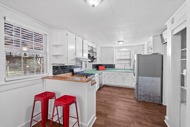 1302 Hampshire Pike, Columbia, TN 38401 - kitchen featuring stainless steel appliances, open shelves, under cabinet range hood, a peninsula, and white cabinets