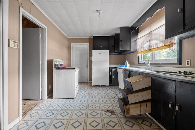 2727 Old Tilton Rd, Dalton, GA 30721 - kitchen with white appliances, dark cabinets, light floors, crown molding, and range hood