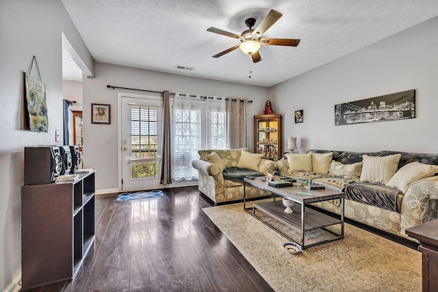 411 Churchill Xing, Madison, TN 37115 - living room featuring ceiling fan, dark wood-style flooring, and a textured ceiling