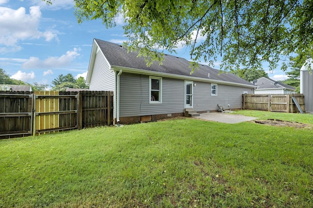 111 Platte Dr, Christiana, TN 37037 - back of house with entry steps, a patio area, a fenced backyard, crawl space, and roof with shingles