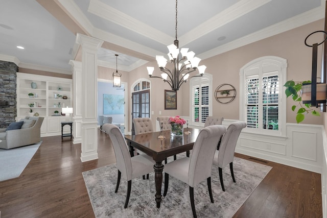 1794 Balvenie Ct, Brentwood, TN 37027 - dining area with decorative columns, plenty of natural light, dark wood-style floors, ornamental molding, and a wainscoted wall