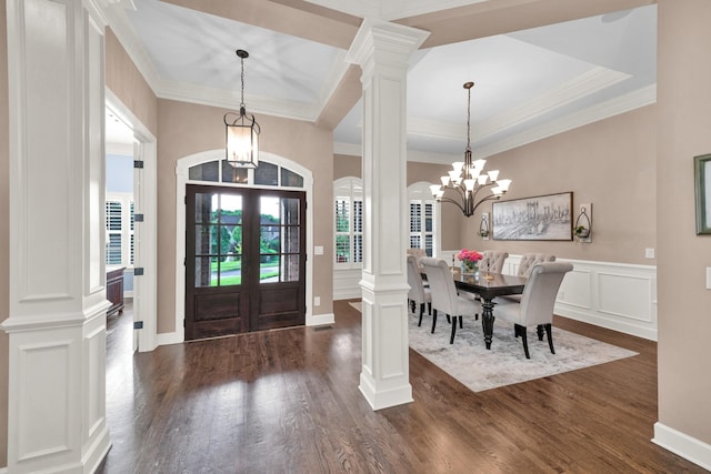 1794 Balvenie Ct, Brentwood, TN 37027 - foyer entrance with decorative columns, ornamental molding, dark wood-style floors, a chandelier, and french doors