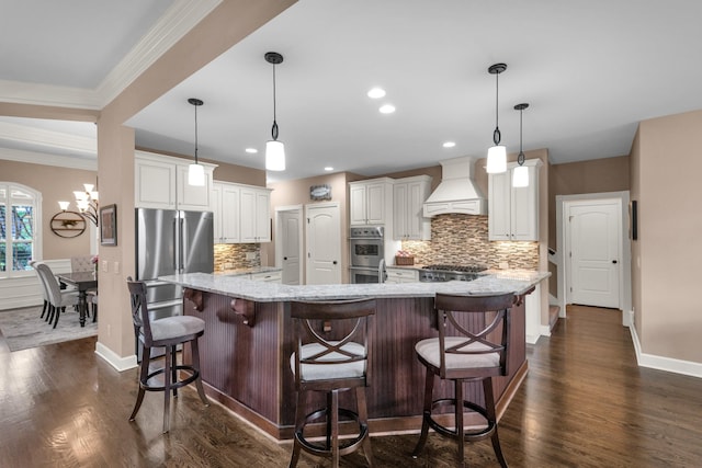 1794 Balvenie Ct, Brentwood, TN 37027 - kitchen featuring custom range hood, stainless steel appliances, backsplash, light stone countertops, and white cabinetry