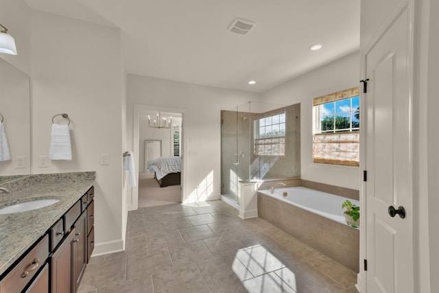 1794 Balvenie Ct, Brentwood, TN 37027 - ensuite bathroom with vanity, a shower stall, a bath, tile patterned flooring, and a chandelier