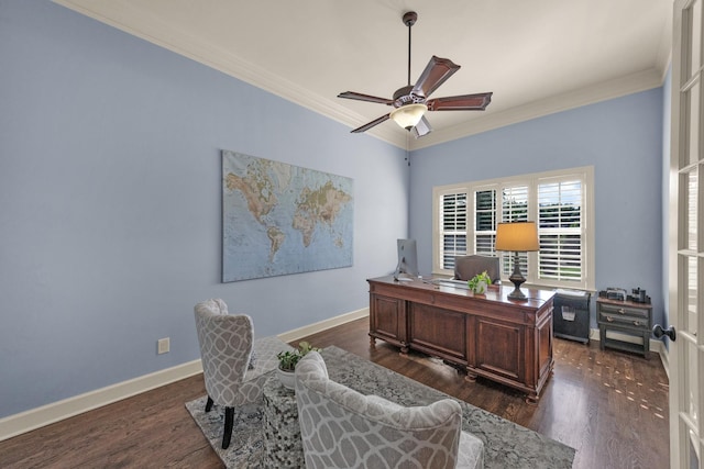 1794 Balvenie Ct, Brentwood, TN 37027 - office with ornamental molding, a ceiling fan, and dark wood finished floors