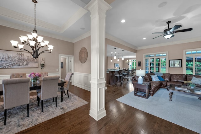 1794 Balvenie Ct, Brentwood, TN 37027 - dining area featuring ornate columns, dark wood-type flooring, a chandelier, crown molding, and a wainscoted wall