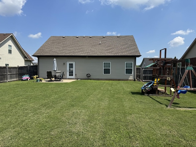 4803 Beryl Dr, Murfreesboro, TN 37128 - rear view of house with a playground, a patio, a fenced backyard, and roof with shingles