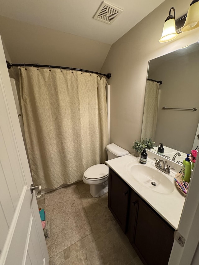 4803 Beryl Dr, Murfreesboro, TN 37128 - bathroom featuring vanity, vaulted ceiling, tile patterned flooring, and a shower with curtain